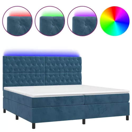  sötétkék bársony rugós és LED-es ágy matraccal 200x200 cm