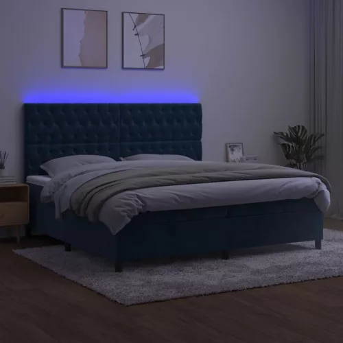  sötétkék bársony rugós és LED-es ágy matraccal 200x200 cm