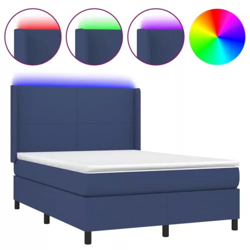  kék szövet rugós és LED-es ágy matraccal 140x190 cm