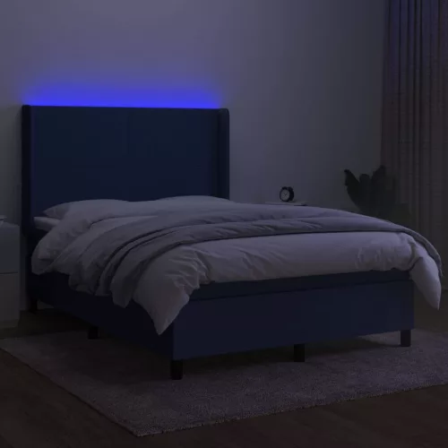  kék szövet rugós és LED-es ágy matraccal 140x190 cm
