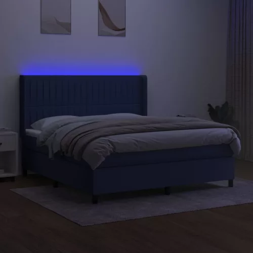  kék szövet rugós és LED-es ágy matraccal 160x200 cm