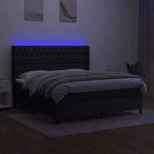  fekete szövet rugós és LED-es ágy matraccal 180 x 200 cm