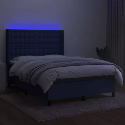  kék szövet rugós és LED-es ágy matraccal 140x190 cm
