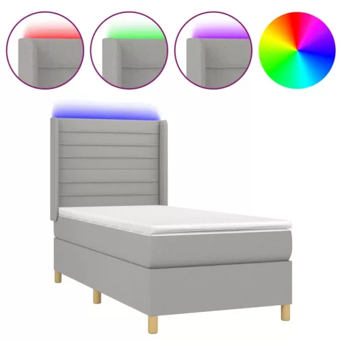  világosszürke szövet rugós és LED-es ágy matraccal 90x200 cm