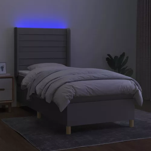  világosszürke szövet rugós és LED-es ágy matraccal 90x200 cm