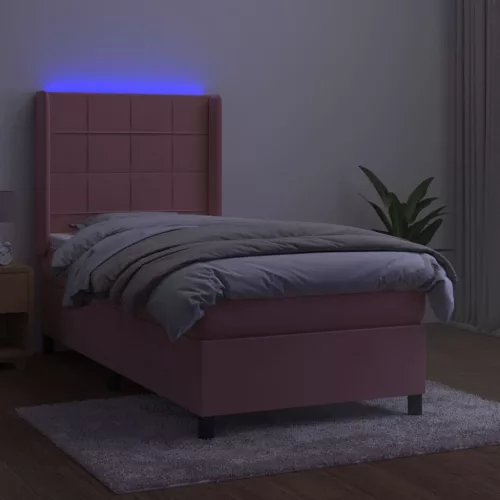  rózsaszín bársony rugós és LED-es ágy matraccal 100x200 cm