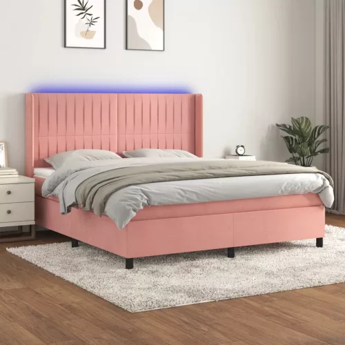  rózsaszín bársony rugós és LED-es ágy matraccal 160x200 cm