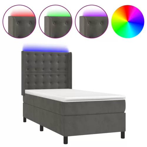  sötétszürke bársony rugós és LED-es ágy matraccal 100x200 cm
