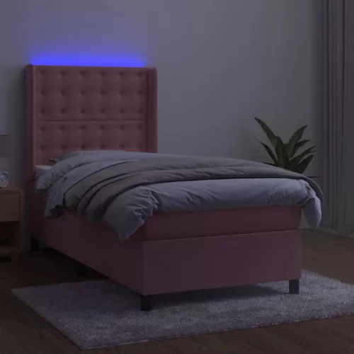  rózsaszín bársony rugós és LED-es ágy matraccal 100x200 cm