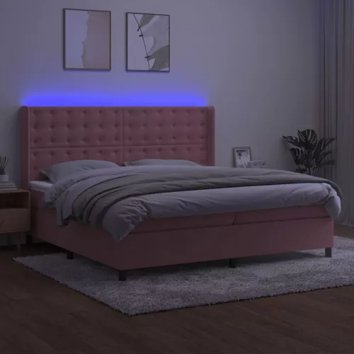 rózsaszín bársony rugós és LED-es ágy matraccal 200x200 cm