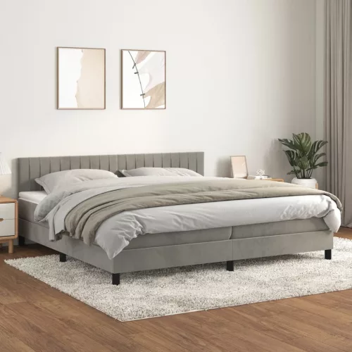  világosszürke bársony rugós ágy matraccal 200x200 cm