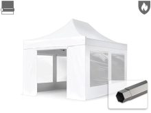   Professional összecsukható sátor PREMIUM 520g/m2 tűzálló ponyvával, acélszerkezettel, 4 oldalfallal, panoráma ablakkal - 3x4,5m fehér