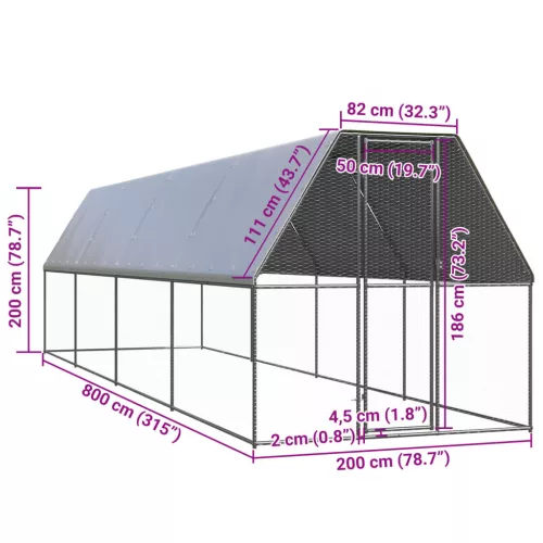  kültéri horganyzott acél tyúkól 2x8x2 m