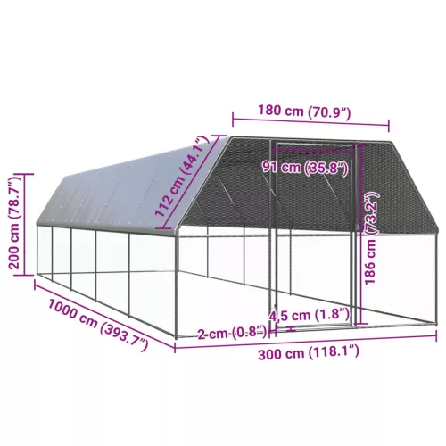  kültéri horganyzott acél tyúkól 3 x 10 x 2 m