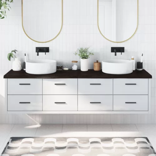  sötétbarna kezelt tömör fa fürdőszobai pult 200x60x(2-4) cm