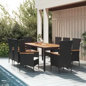    9 részes fekete polyrattan kerti étkezőgarnitúra párnákkal
