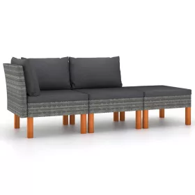    3 részes polyrattan és tömör eukaliptuszfa kerti ülőgarnitúra