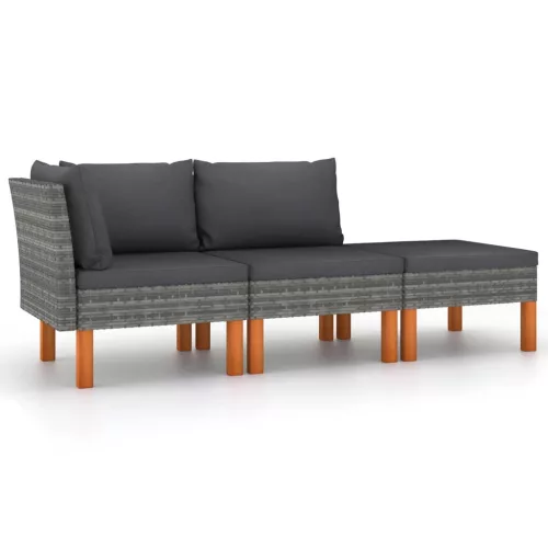  3 részes polyrattan és tömör eukaliptuszfa kerti ülőgarnitúra