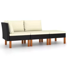   3 részes polyrattan és tömör eukaliptuszfa kerti ülőgarnitúra