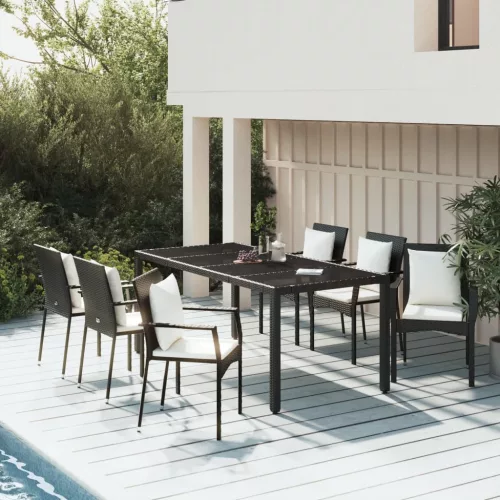  7 részes fekete polyrattan kerti étkezőgarnitúra párnával