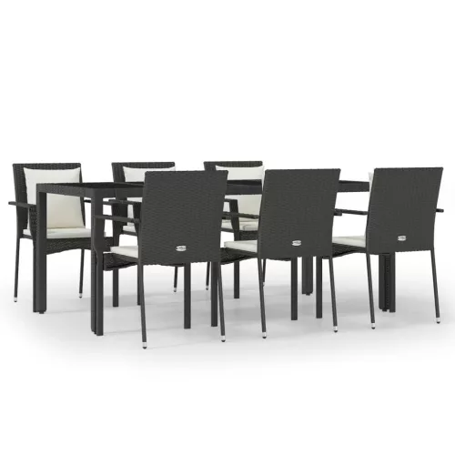  7 részes fekete polyrattan kerti étkezőgarnitúra párnával