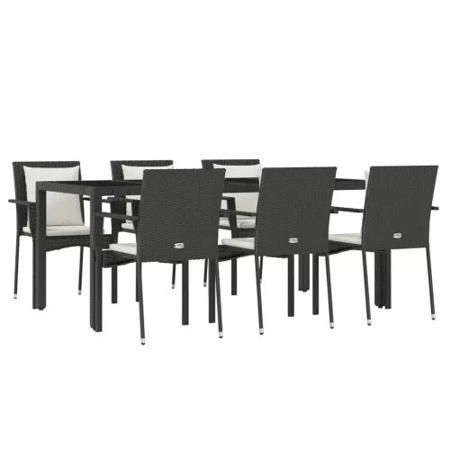  7 részes fekete polyrattan kerti étkezőgarnitúra párnával