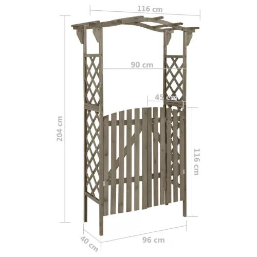  szürke tömör fenyőfa pergola kapuval 116 x 40 x 204 cm