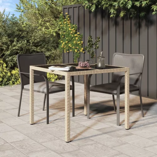  bézs polyrattan és edzett üveg kerti asztal 90 x 90 x 75 cm