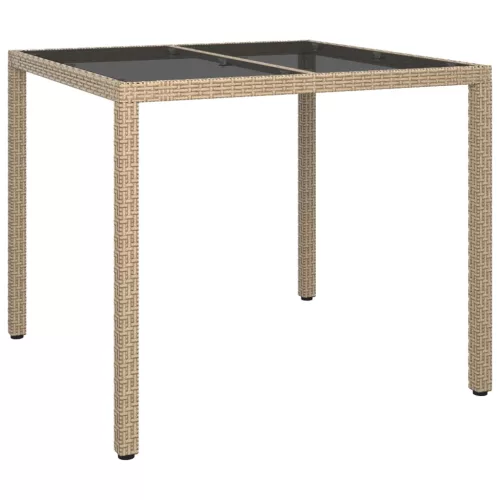  bézs polyrattan és edzett üveg kerti asztal 90 x 90 x 75 cm