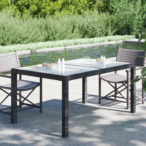  fekete polyrattan és edzett üveg kerti asztal 150 x 90 x 75 cm