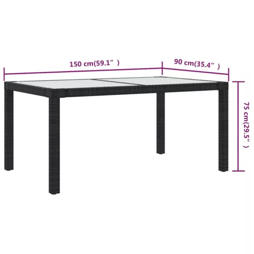  fekete polyrattan és edzett üveg kerti asztal 150 x 90 x 75 cm