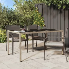    bézs polyrattan és edzett üveg kerti asztal 150 x 90 x 75 cm