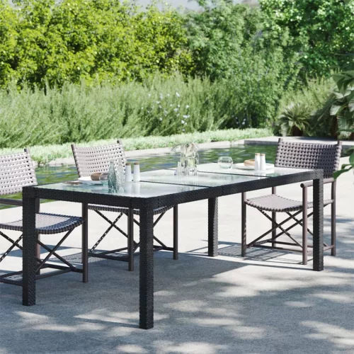  fekete polyrattan és edzett üveg kerti asztal 190 x 90 x 75 cm