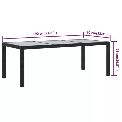  fekete polyrattan és edzett üveg kerti asztal 190 x 90 x 75 cm