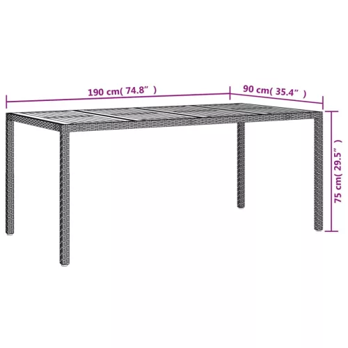  fekete polyrattan és akácfa kerti asztal 190 x 90 x 75 cm
