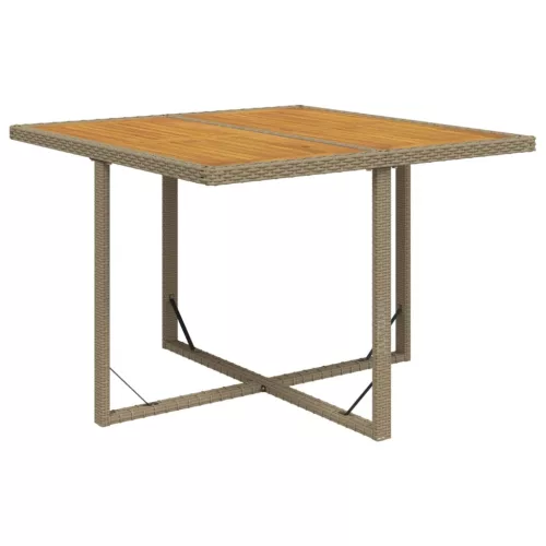 bézs polyrattan és tömör akácfa kerti asztal 109 x 107 x 74 cm