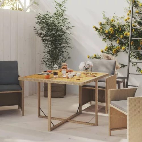 bézs polyrattan és tömör akácfa kerti asztal 109 x 107 x 74 cm