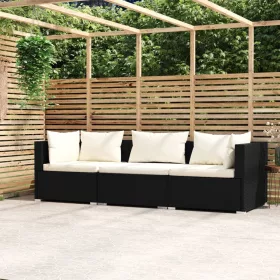  fekete háromszemélyes polyrattan kanapé párnákkal