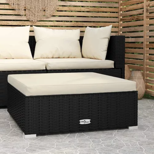  fekete polyrattan kerti lábtartó párnával 70 x 70 x 30 cm
