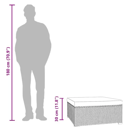  fekete polyrattan kerti lábtartó párnával 70 x 70 x 30 cm