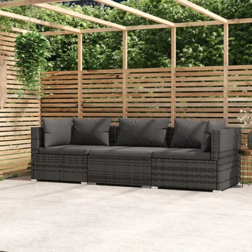  háromszemélyes szürke polyrattan kanapé párnákkal