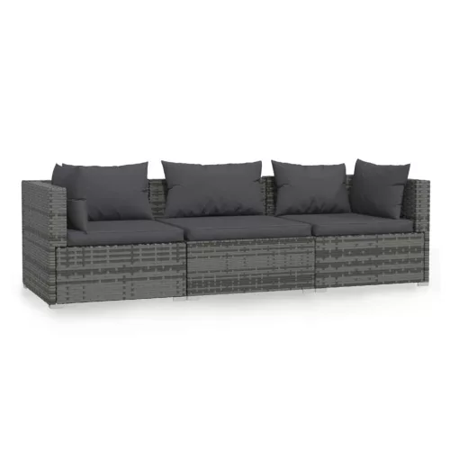  háromszemélyes szürke polyrattan kanapé párnákkal