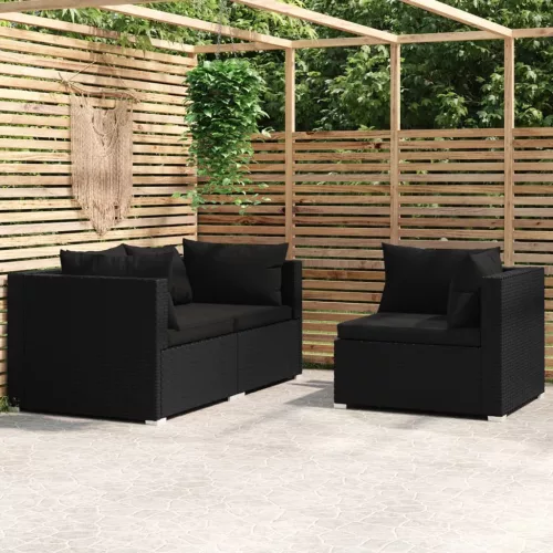  3 részes fekete polyrattan kerti ülőgarnitúra párnákkal