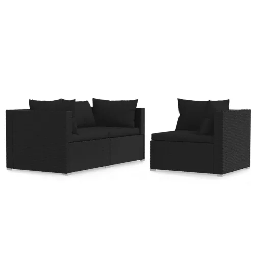  3 részes fekete polyrattan kerti ülőgarnitúra párnákkal