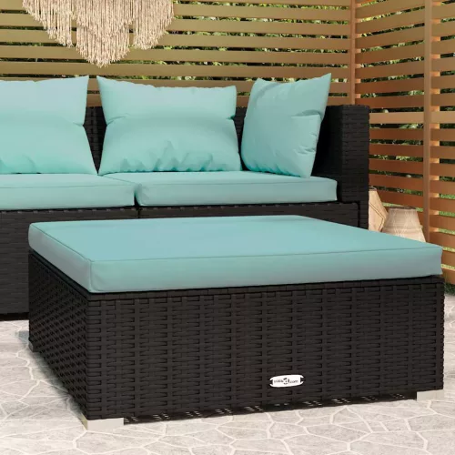  fekete polyrattan kerti lábtartó párnával 70 x 70 x 30 cm
