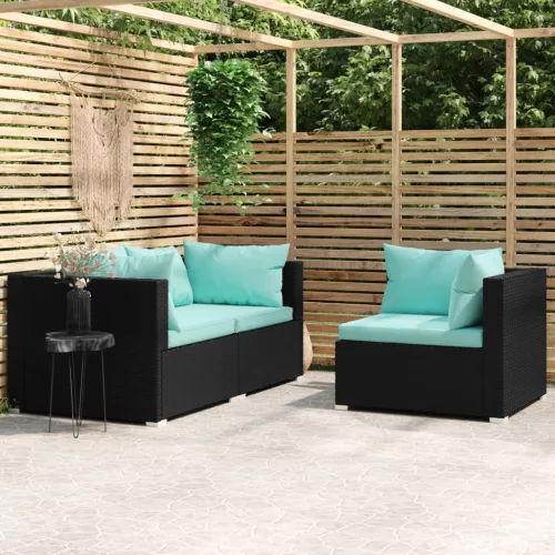  3 részes fekete polyrattan kerti ülőgarnitúra párnákkal