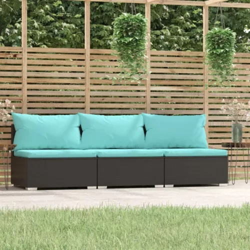  fekete háromszemélyes polyrattan kanapé párnákkal