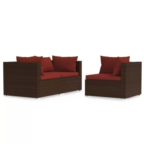  3 részes barna polyrattan kerti bútorszett párnákkal