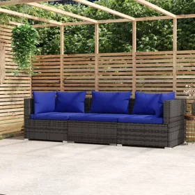  3 személyes szürke polyrattan kanapé párnákkal