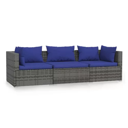  3 személyes szürke polyrattan kanapé párnákkal